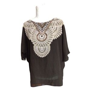 Ellen Tracy Black and Cream Lace Boho Blouse EUC Suzette